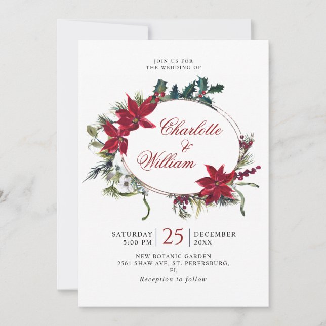 Red Poinsettia Floral Christmas Watercolor Wedding Invitation (Front)