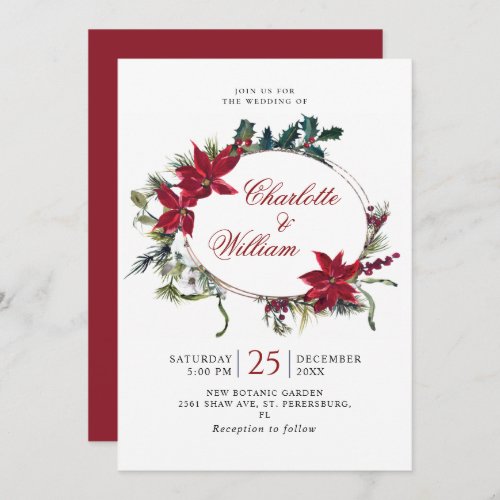 Red Poinsettia Floral Christmas Watercolor Wedding Invitation