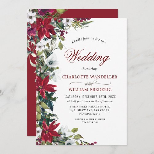 Red Poinsettia Floral Christmas Watercolor Wedding Invitation