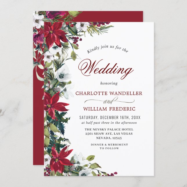 Red Poinsettia Floral Christmas Watercolor Wedding Invitation (Front/Back)