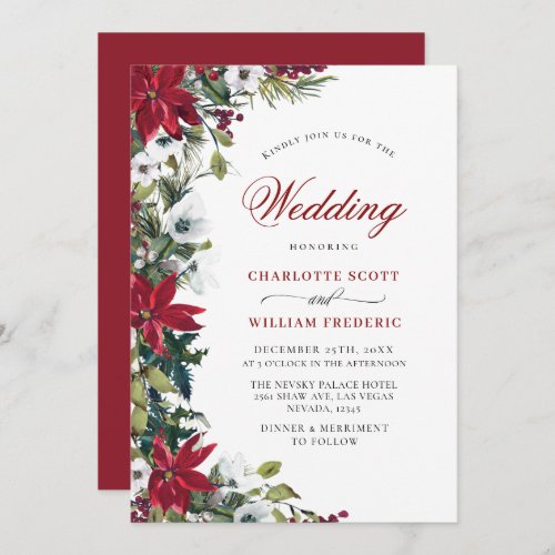 Red Poinsettia Floral Christmas Watercolor Wedding Invitation