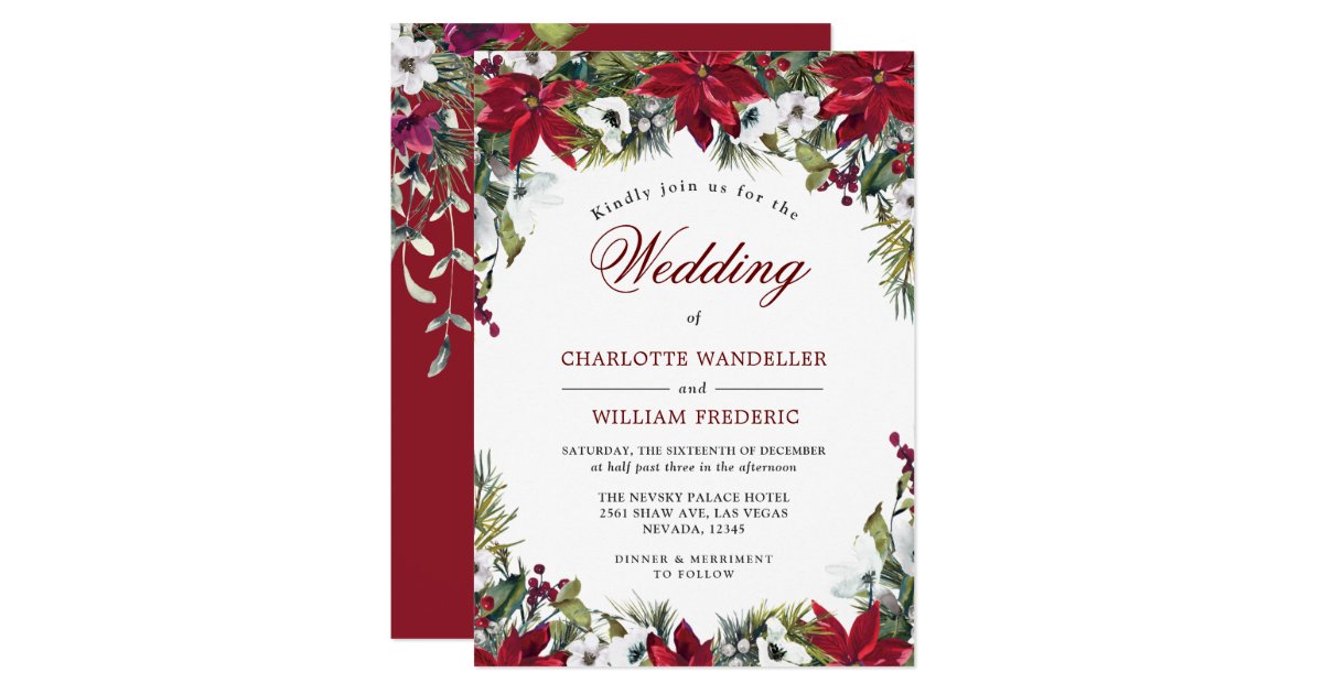 Red Poinsettia Floral Christmas Watercolor Wedding