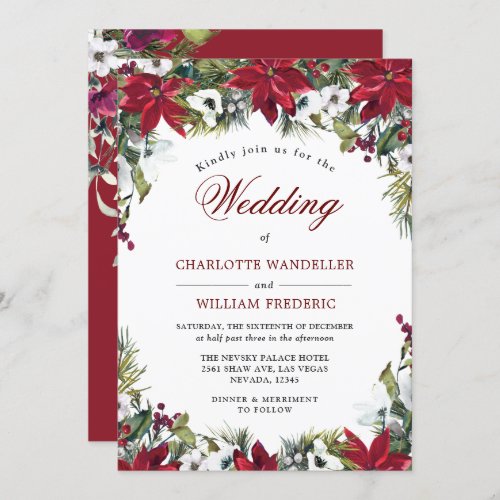 Red Poinsettia Floral Christmas Watercolor Wedding Invitation