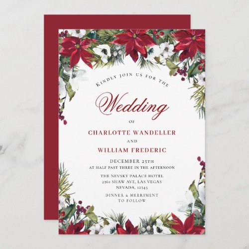 Red Poinsettia Floral Christmas Watercolor Wedding Invitation