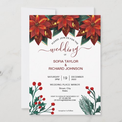 Red Poinsettia Floral Christmas Watercolor Wedding Invitation