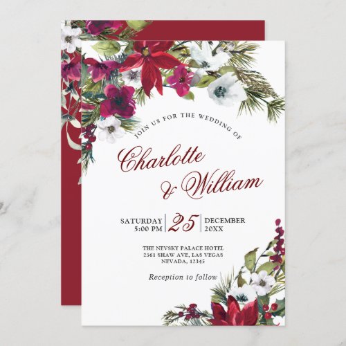 Red Poinsettia Floral Christmas Watercolor Wedding Invitation
