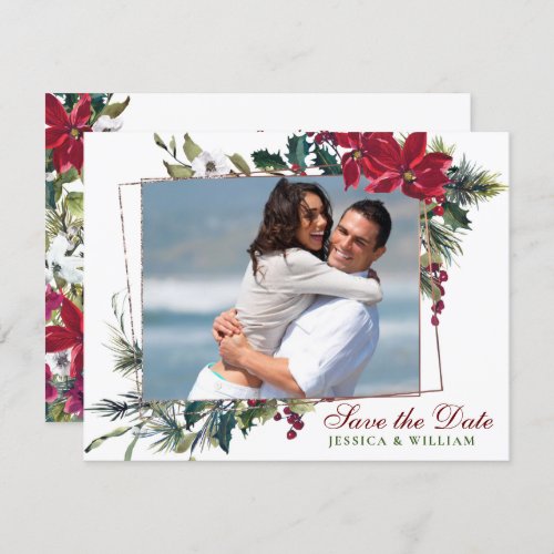 Red Poinsettia Floral Christmas Watercolor Wedding Save The Date