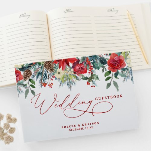 Red Poinsettia Floral Christmas Wedding Guest Book