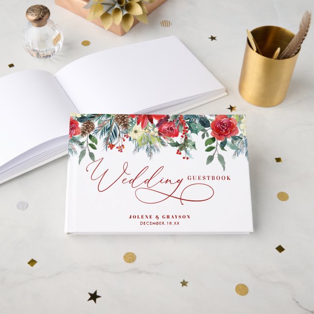 Red Poinsettia Floral Christmas Wedding Guest Book (Front Open)