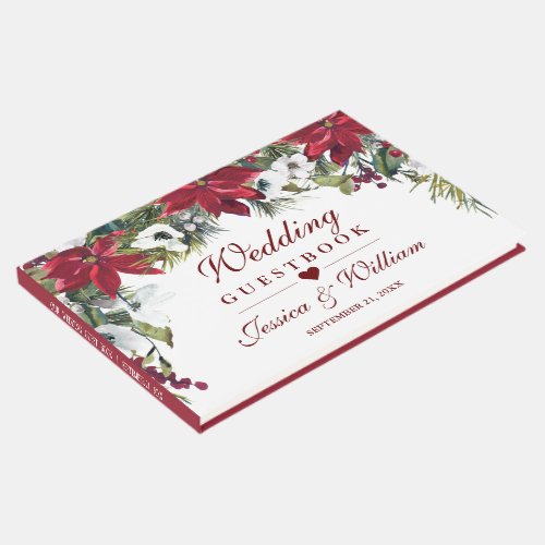Red Poinsettia Floral Christmas  Wedding Guest Book
