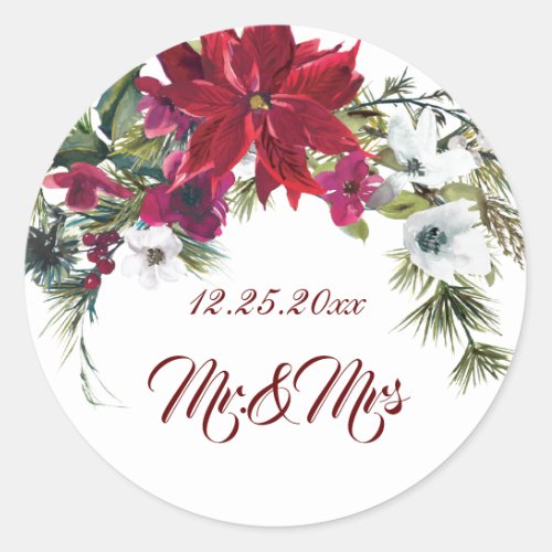 Red Poinsettia Floral Christmas Wedding Mr Mrs Classic Round Sticker