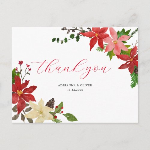 Red Poinsettia Floral Christmas Wedding Thank You Postcard