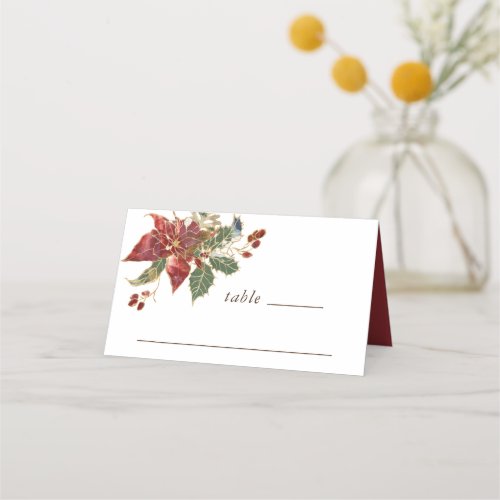 Red Poinsettia Floral Christmas Winter Wedding Place Card