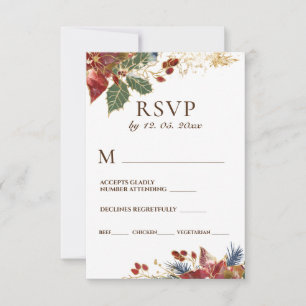 Red Poinsettia Floral Christmas Winter Wedding RSVP Card
