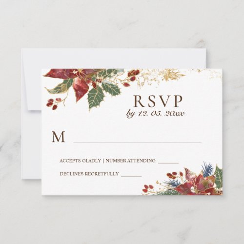 Red Poinsettia Floral Christmas Winter Wedding RSVP Card
