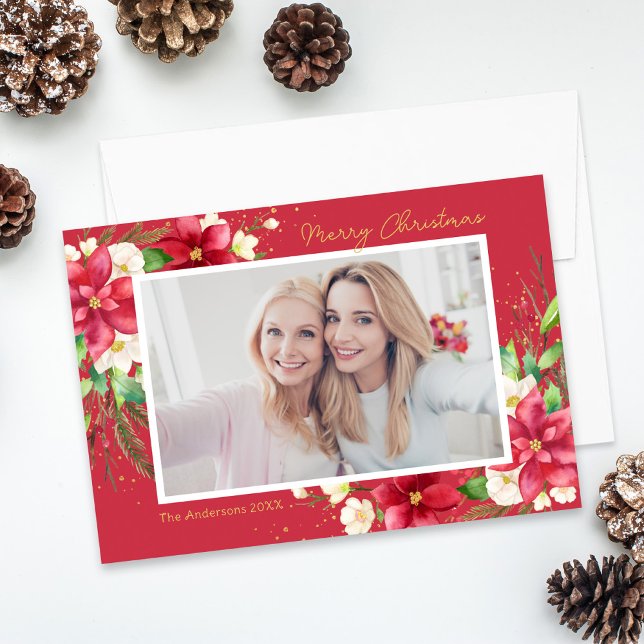 Red Poinsettia Floral Frame Photo Holiday Card (Creator Uploaded)