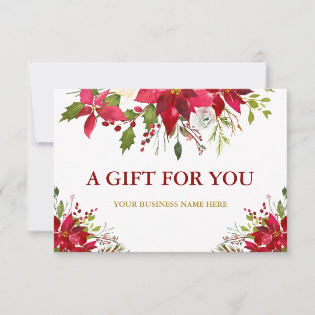 Red Poinsettia Floral Gold Gift Certificate Card (Front)