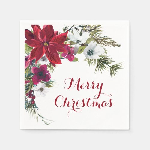 Red Poinsettia Floral Merry Christmas Party  Napkins