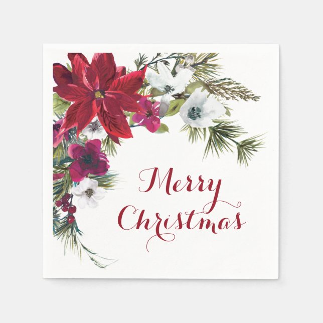 Red Poinsettia Floral Merry Christmas Party  Napkins (Front)