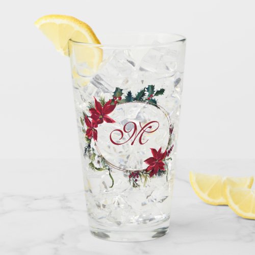 Red Poinsettia Floral Monogram Watercolor Glass