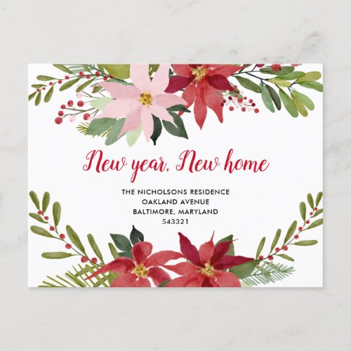 Red Poinsettia Floral New Home  We Have Moved  Announcement Postcard