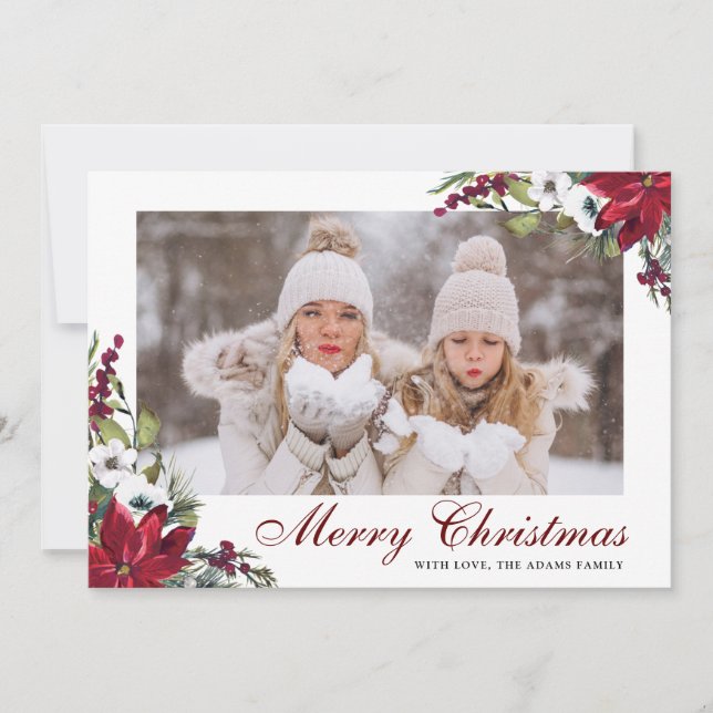 Red Poinsettia Floral PHOTO Christmas Card (Front)