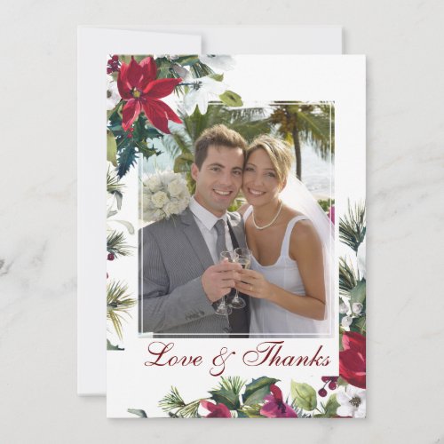 Red Poinsettia Floral PHOTO Wedding Thank You Card