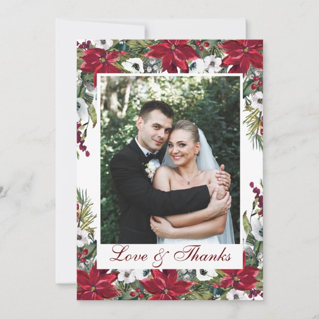 Red Poinsettia Floral PHOTO Wedding Thank You Card (Front)