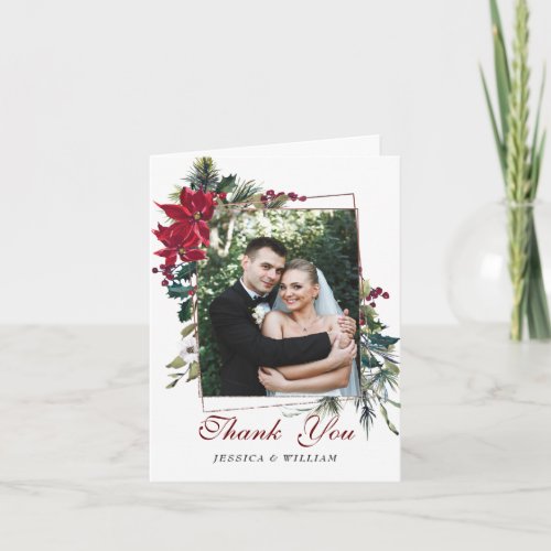 Red Poinsettia Floral PHOTO Wedding Thank You Card