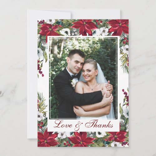 Red Poinsettia Floral PHOTO Wedding Thank You Card