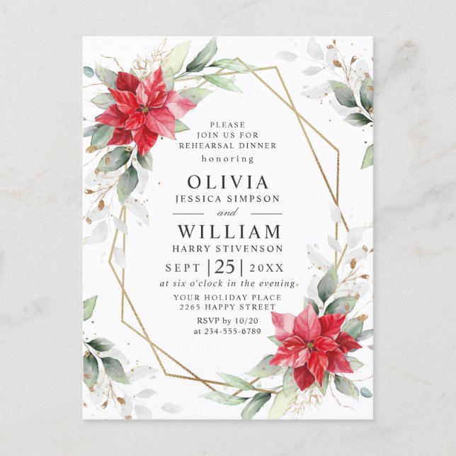 Red Poinsettia Floral REHEARSAL DINNER Invitations (Front)