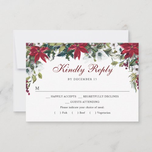 Red Poinsettia Floral  RSVP Card with Meal Choice