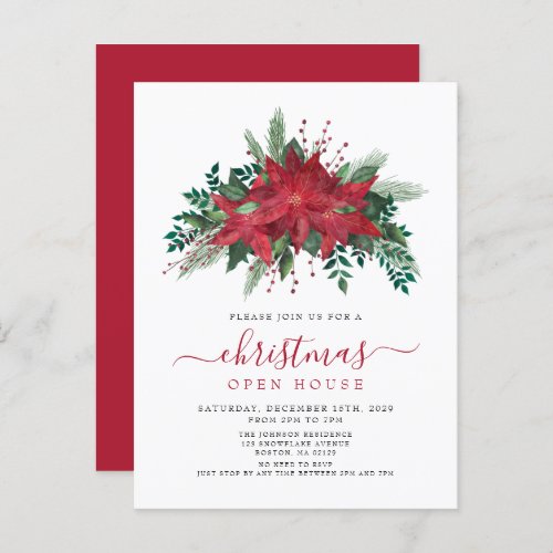Red Poinsettia Floral Script Christmas Open House Invitation Postcard
