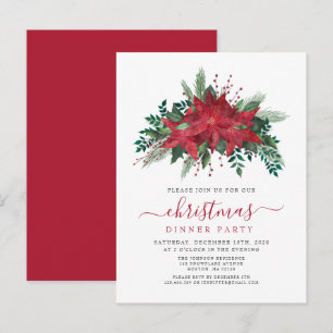 Red Poinsettia Floral Script Christmas Party  Invitation Postcard
