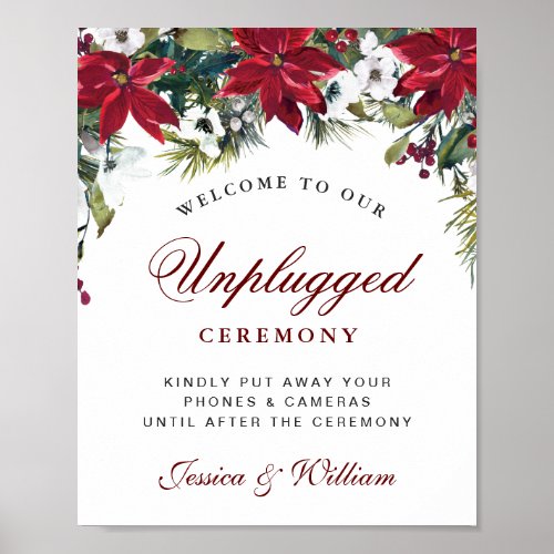 Red Poinsettia Floral Unplugged Ceremony Sign