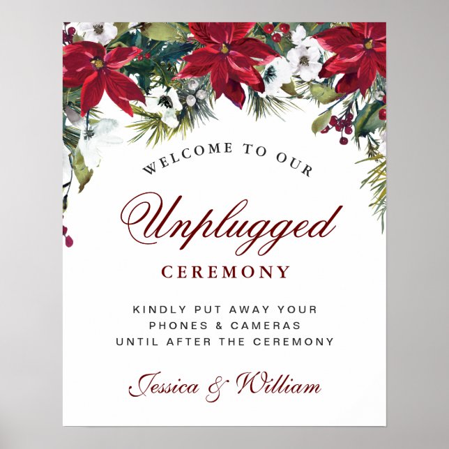 Red Poinsettia Floral Unplugged Ceremony Sign (Front)