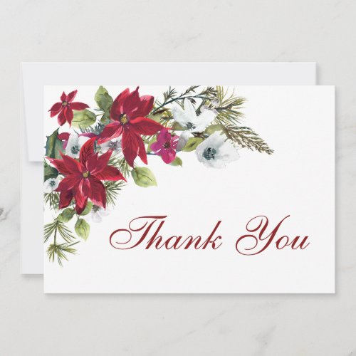 Red Poinsettia Floral Watercolor Thank You Card