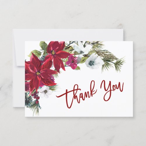 Red Poinsettia Floral Watercolor Thank You Card