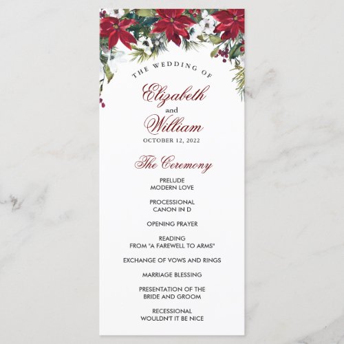 Red Poinsettia Floral Watercolor Wedding Ceremony Program