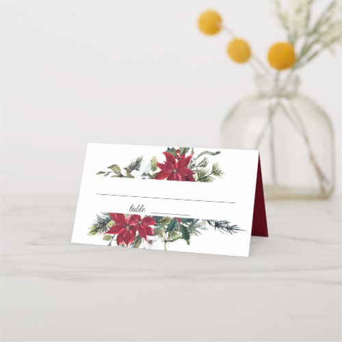Red Poinsettia Floral Watercolor Wedding Table Place Card