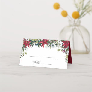 Red Poinsettia Floral Watercolor Wedding Table Place Card