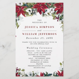 Red Poinsettia Floral Wedding Ceremony Program