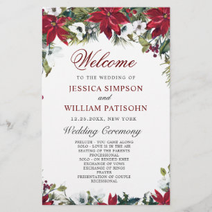 Red Poinsettia Floral Wedding Ceremony Program