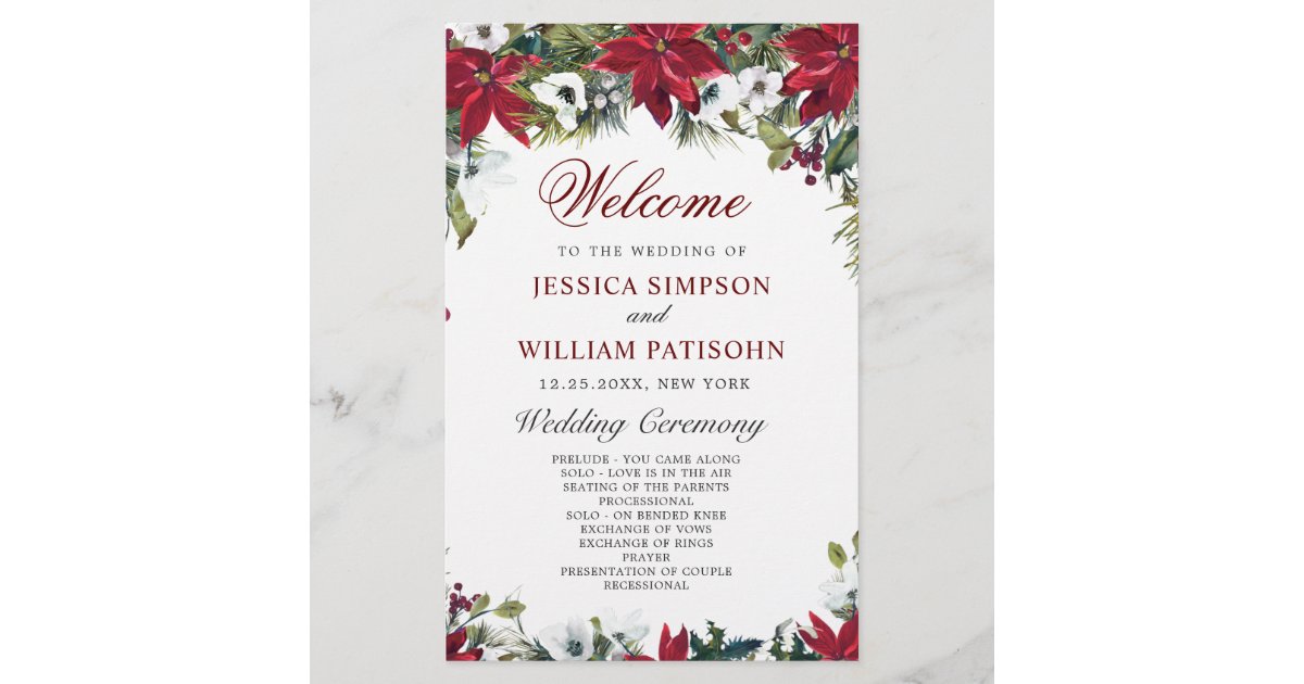 Red Poinsettia Floral Wedding Ceremony Program | Zazzle