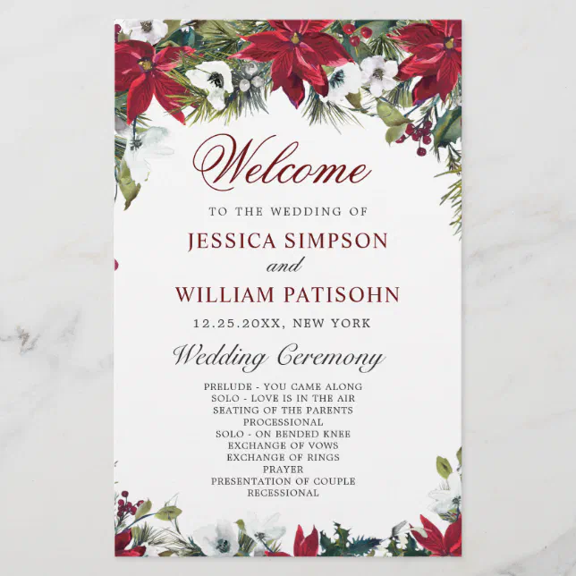 Red Poinsettia Floral Wedding Ceremony Program 