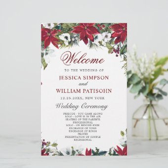 Red Poinsettia Floral Wedding Ceremony Program | Zazzle