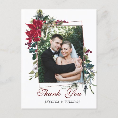 Red Poinsettia Floral Wedding Photo Thank You Postcard