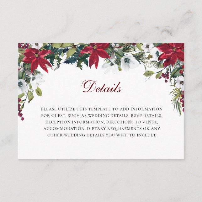 Red Poinsettia Floral  Wedding Reception Details Enclosure Card (Front)