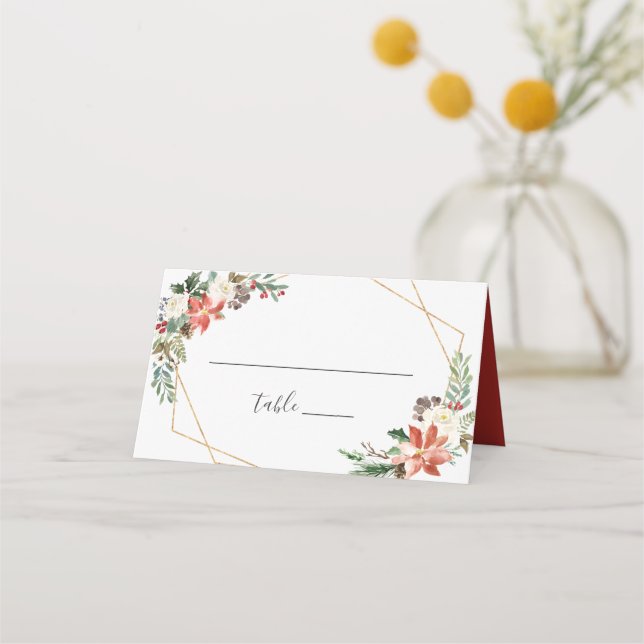 Red Poinsettia Floral Wedding Table Escort Place Card (Front)