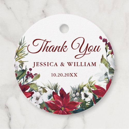 Red Poinsettia Floral Wedding Thank You round Favor Tags